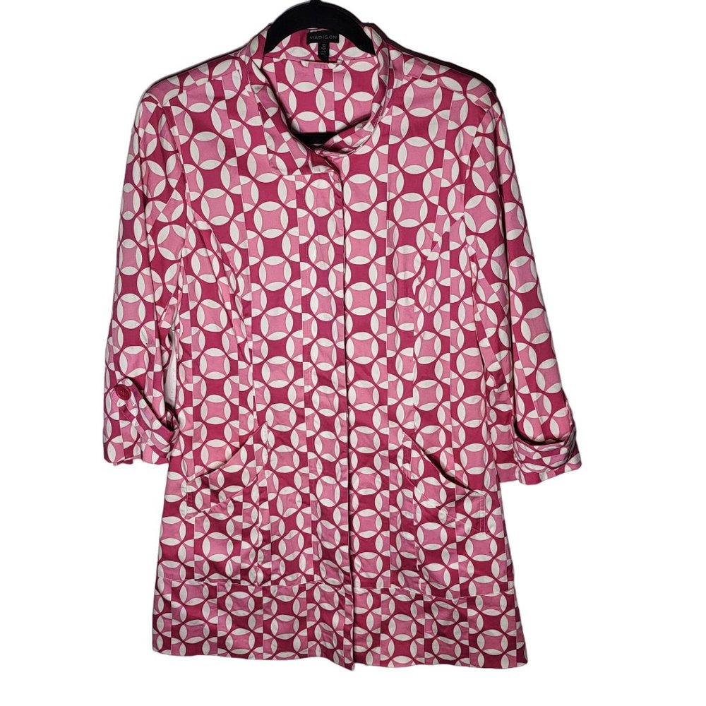 Madison Womens Pink Geometric Print Button Down Trench Coat Jacket Size‎ Small